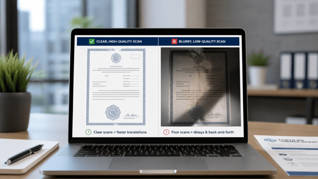 Clear document scan compared with blurry scan for faster certified translation processing