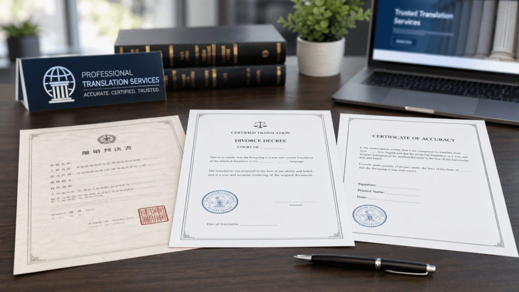 Certified divorce decree translation for USCIS with certificate of accuracy.