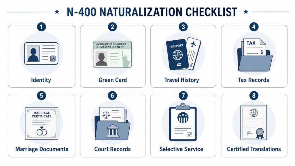 N 400 checklist showing citizenship application documents by category
