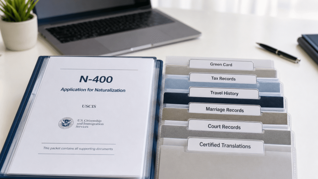 N 400 supporting documents organised for a U.S. naturalization application