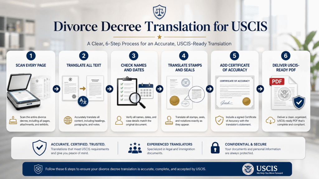 Step by step process for certified divorce decree translation for USCIS.